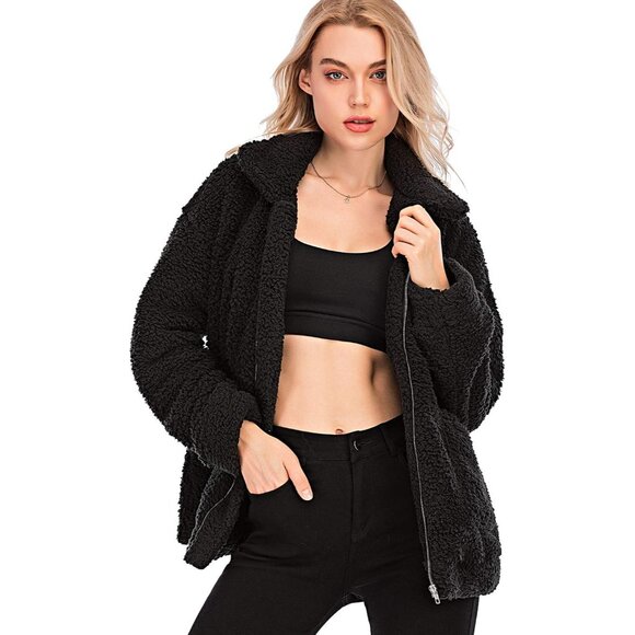 Women Black Casual Fleece Faux Shearling Coat Lapel Zipper Warm Oversized Winter - Picture 1 of 6
